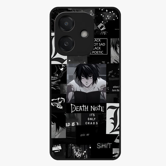 Midnight Chaos Mind Glass Case showing flat back view with abstract dark themed artwork and glossy glass finish.