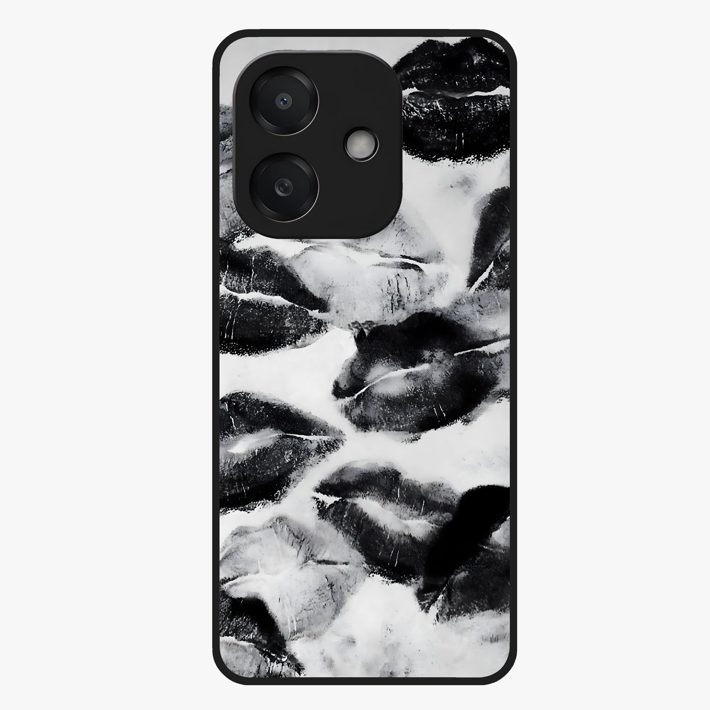 Midnight Kiss Marks Glass Case showing flat back view with lipstick kiss mark artwork and glossy glass finish.