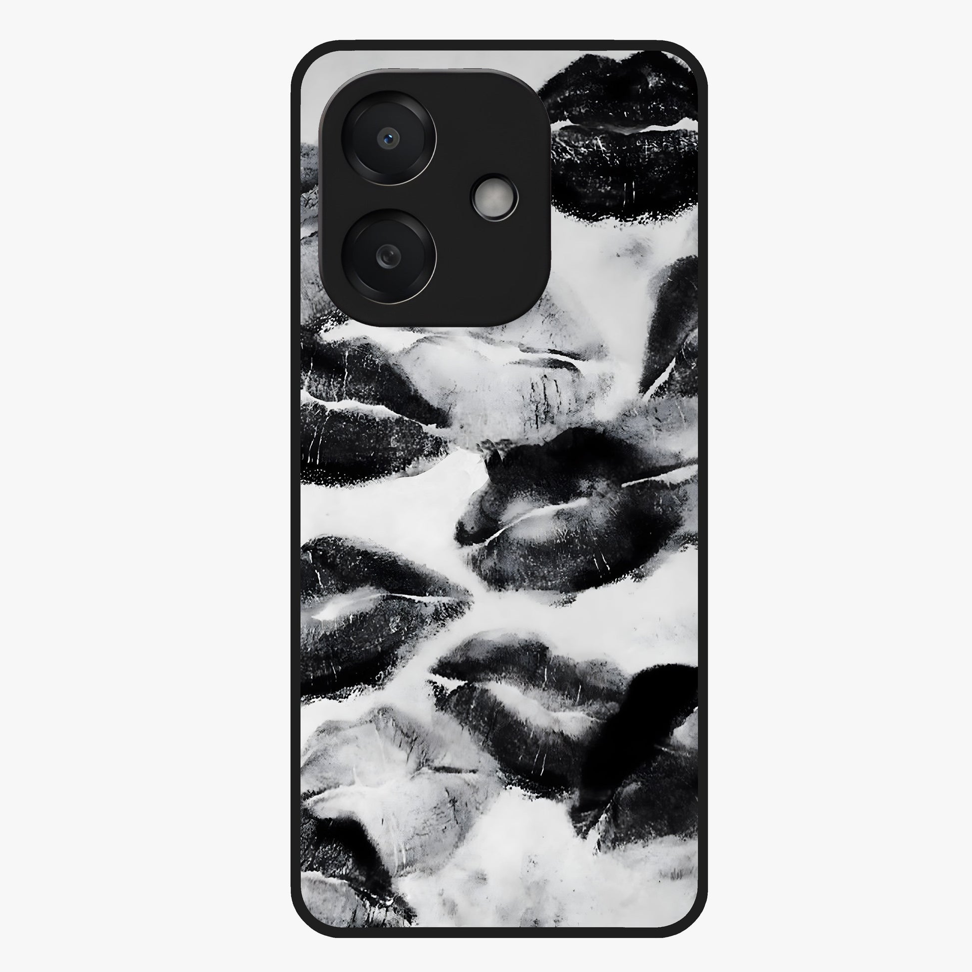 Midnight Kiss Marks Glass Case showing flat back view with lipstick kiss mark artwork and glossy glass finish.