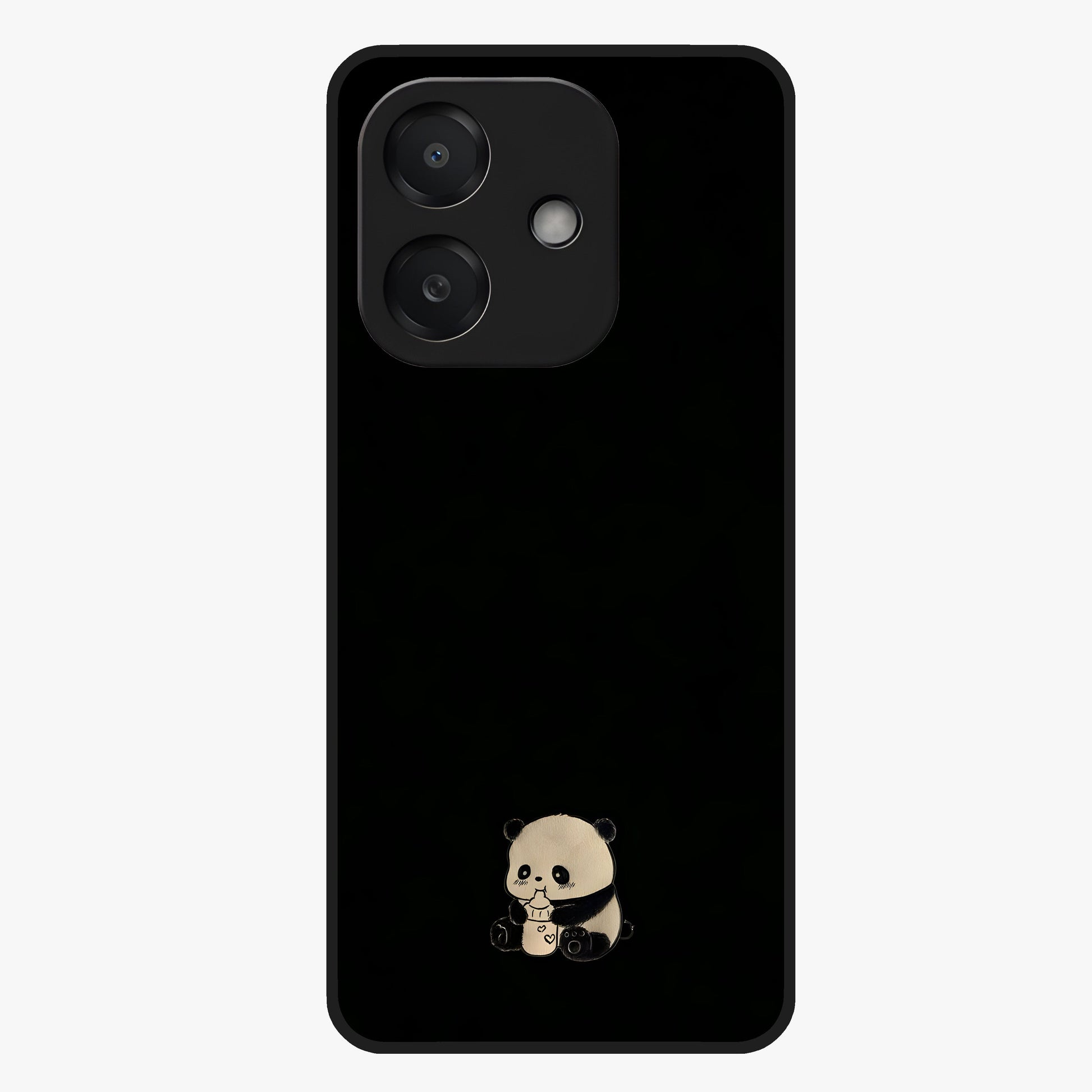 Midnight Panda Love Glass Case showing flat back view with cute panda themed artwork and glossy glass finish.