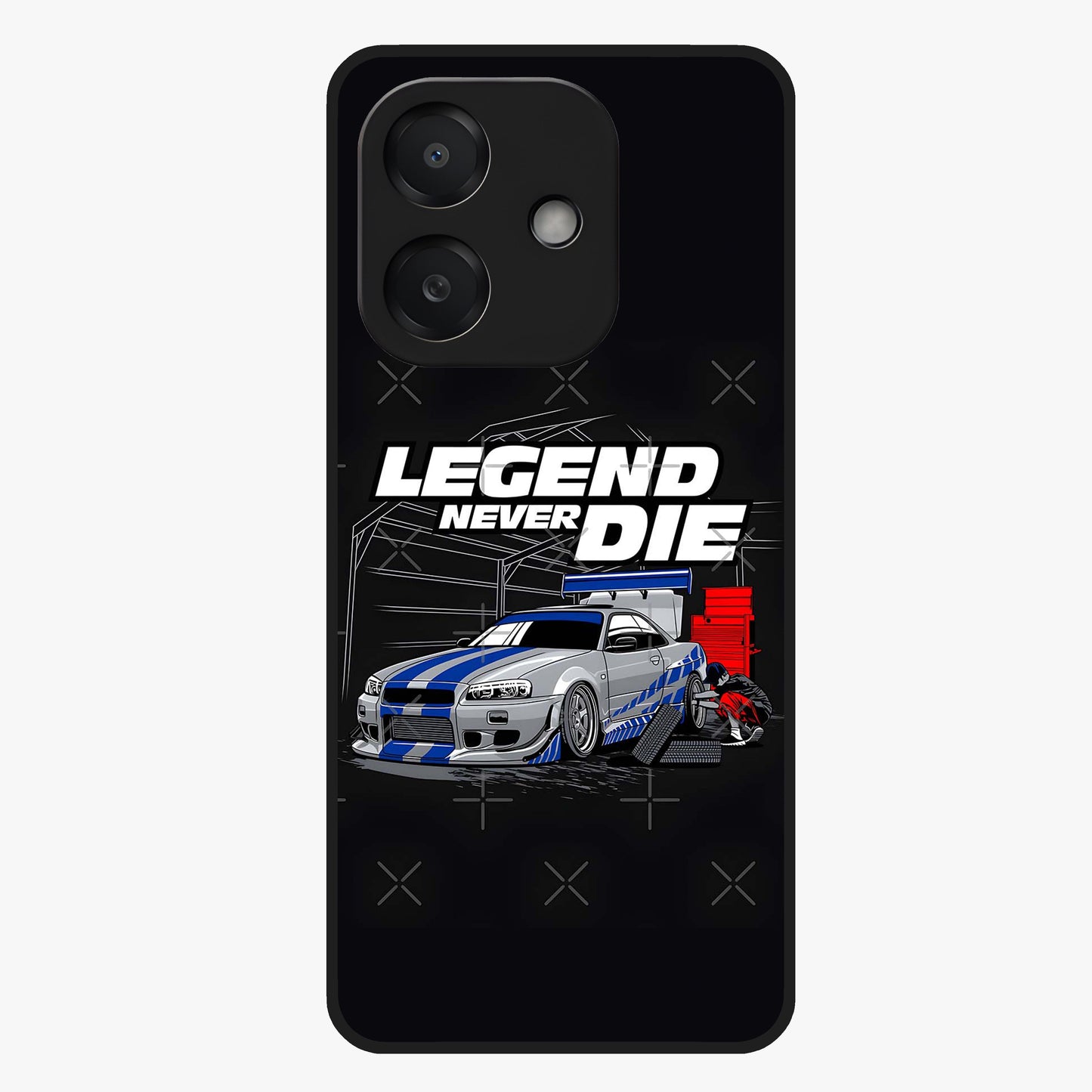 Midnight Racing Legacy Glass Case showing flat back view with sleek racing inspired artwork and glossy glass finish.