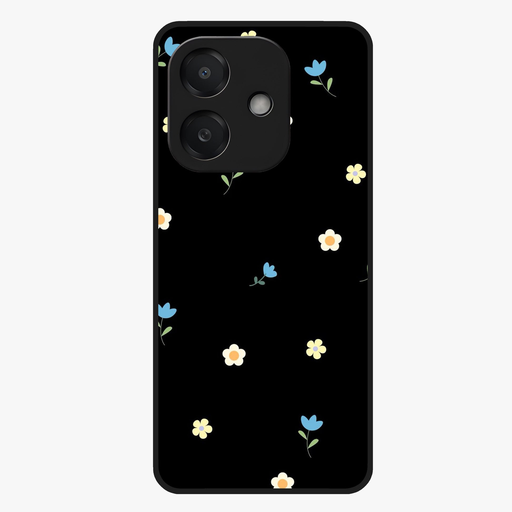 Minimalistic Blue With White Flower Pattern Glass Case showing flat back view with blue background and white flower pattern and glossy glass finish.