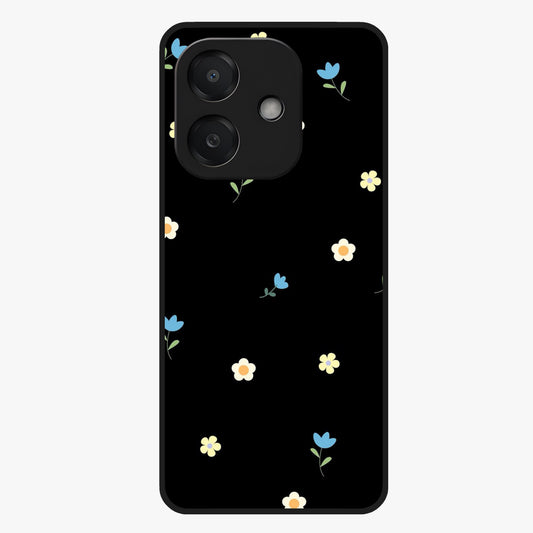 Minimalistic Blue With White Flower Pattern Glass Case showing flat back view with blue background and white flower pattern and glossy glass finish.