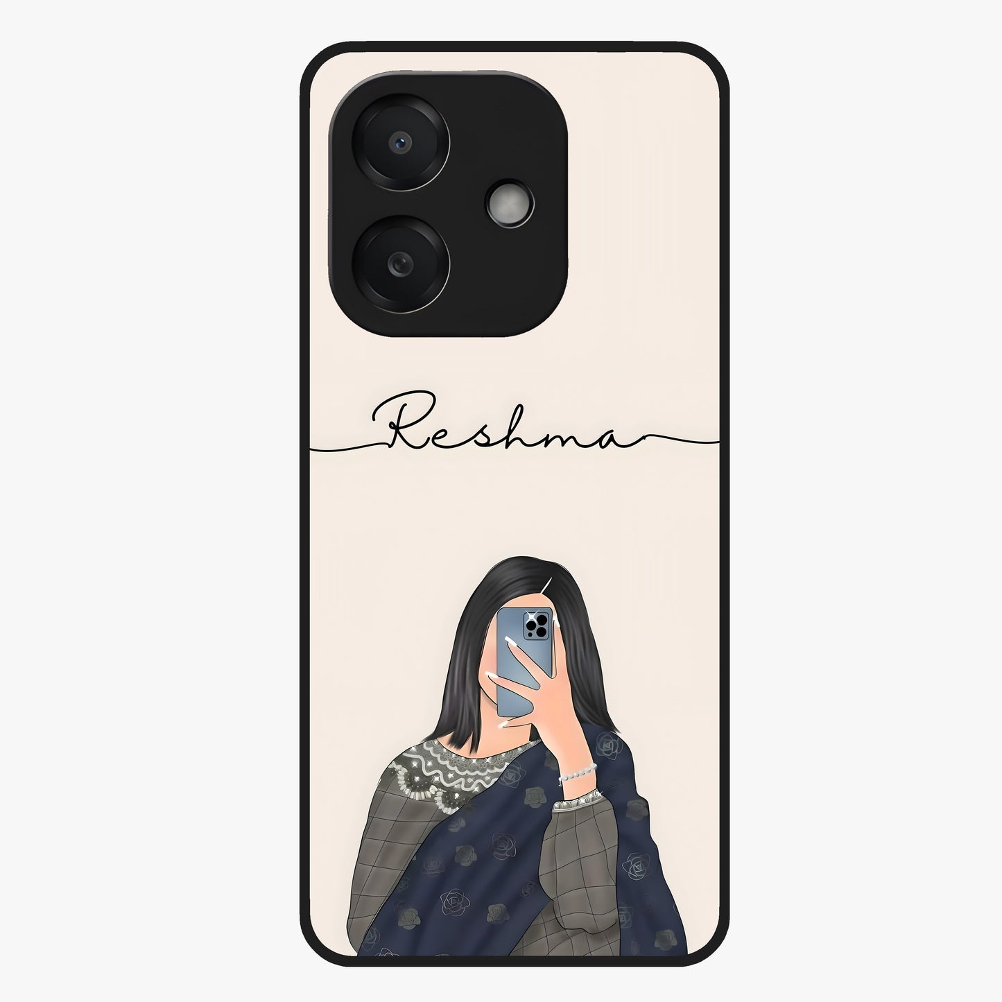 Mirror Mood Muse With Custom Name Glass Case showing flat back view with stylish mirrored artwork and personalized name design.