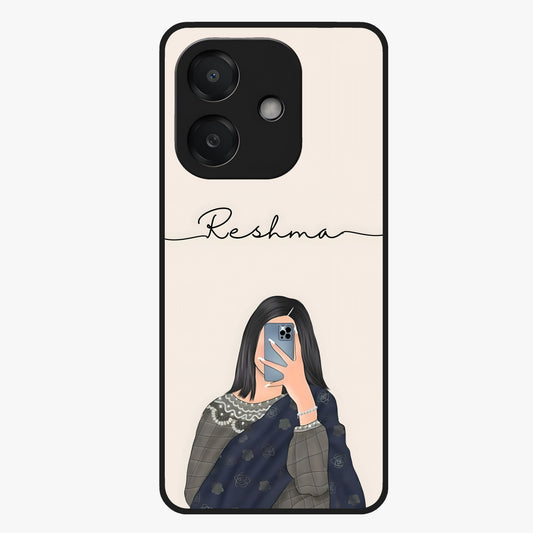 Mirror Mood Muse With Custom Name Glass Case showing flat back view with stylish mirrored artwork and personalized name design.