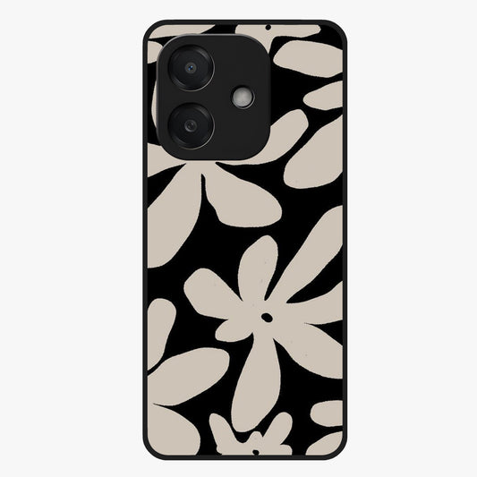 Monochrome Petal Dance Glass Case showing flat back view with monochrome floral artwork and glossy glass finish.