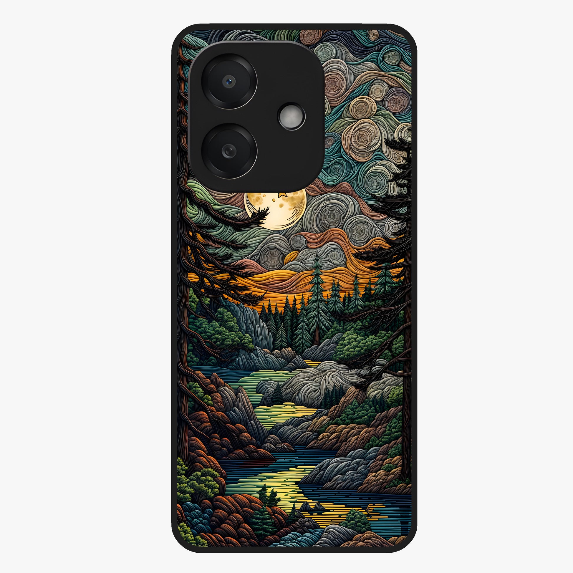Moonlight Forest Dream Glass Case showing flat back view with mystical forest moonlight artwork and glossy glass finish.