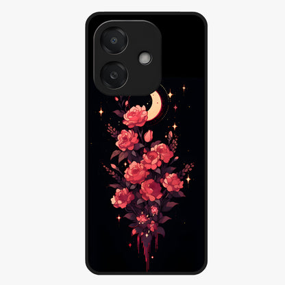Moonlit Floral Elegance Glass Case showing flat back view with elegant floral artwork under moonlit tones and glossy glass finish.
