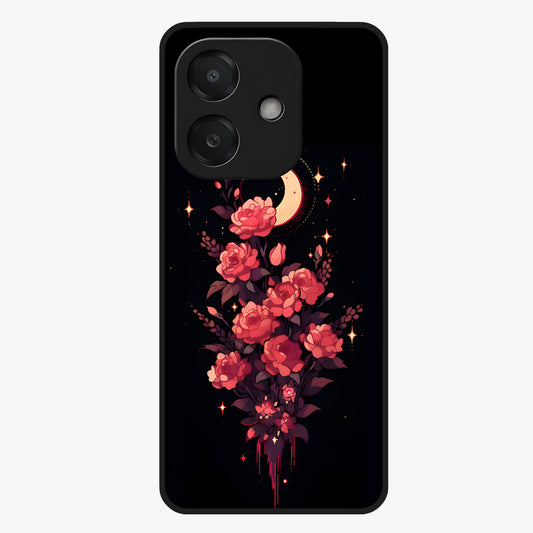 Moonlit Floral Elegance Glass Case showing flat back view with elegant floral artwork under moonlit tones and glossy glass finish.