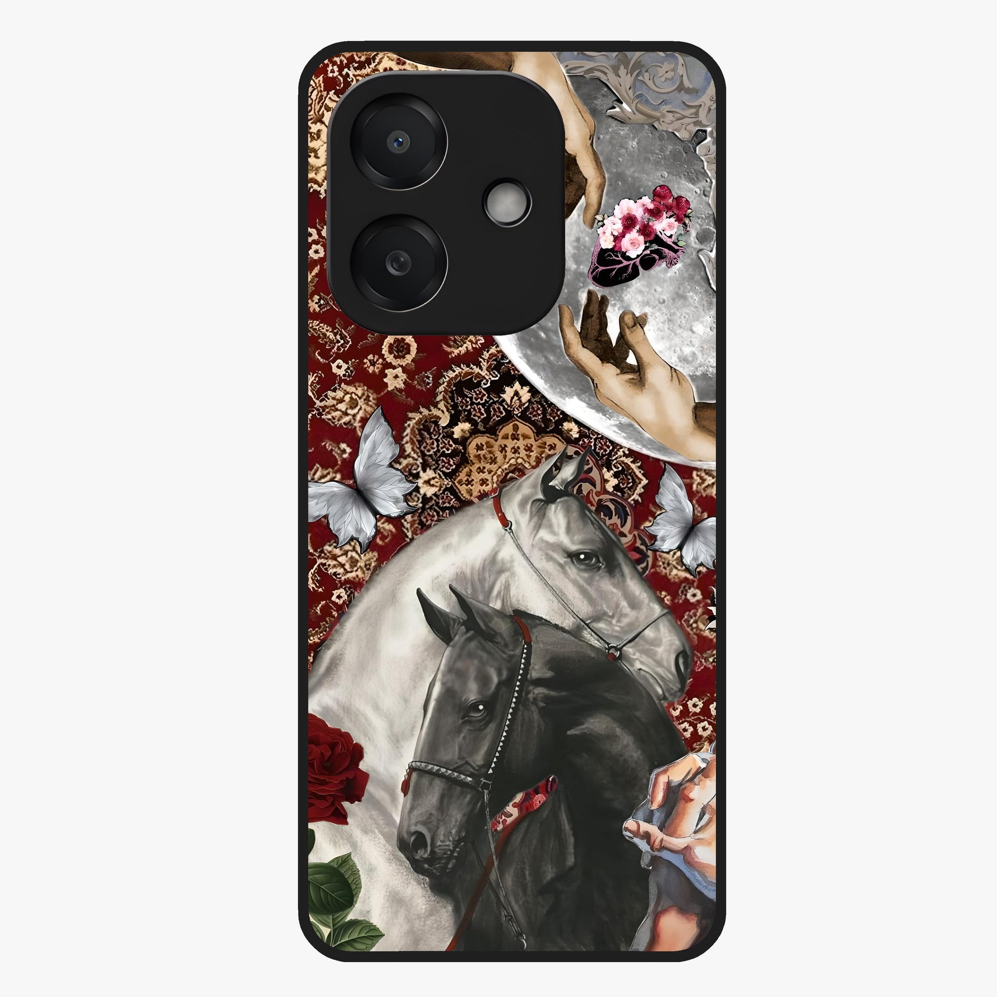 Moonlit Royal Stallion Glass Case showing flat back view with majestic horse under moonlight artwork and glossy glass finish.