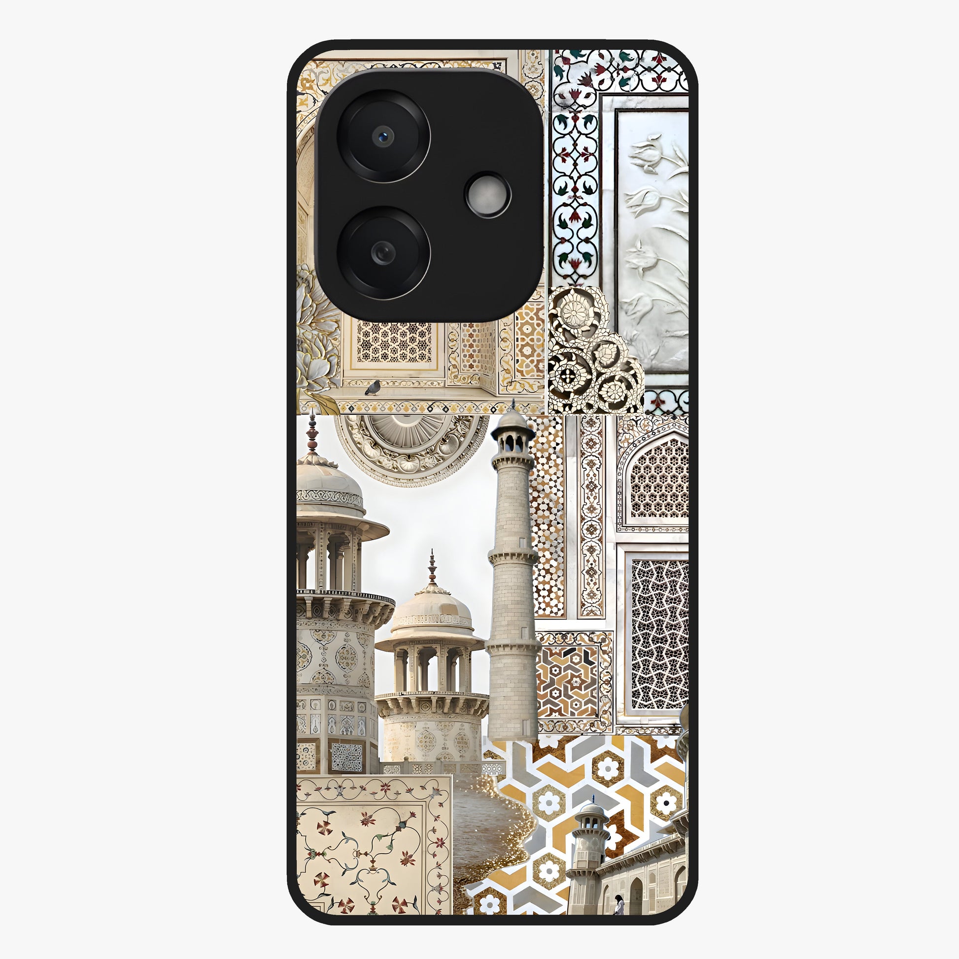 Mughal Marble Legacy Glass Case showing flat back view with intricate Mughal inspired marble pattern and glossy glass finish.