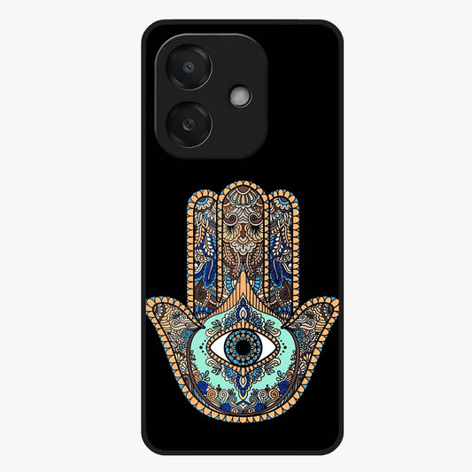 Mystic Hamsa Eye Glass Case showing flat back view with protective hamsa hand and evil eye artwork and glossy glass finish.