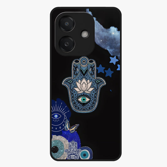 Mystic Hand Aura Glass Case showing flat back view with mystical hand symbol artwork and glossy glass finish.