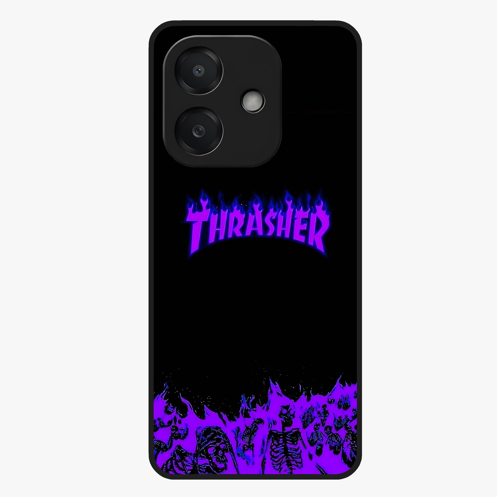 Neon Flame Riot Glass Case showing flat back view with neon flame artwork and glossy glass finish.