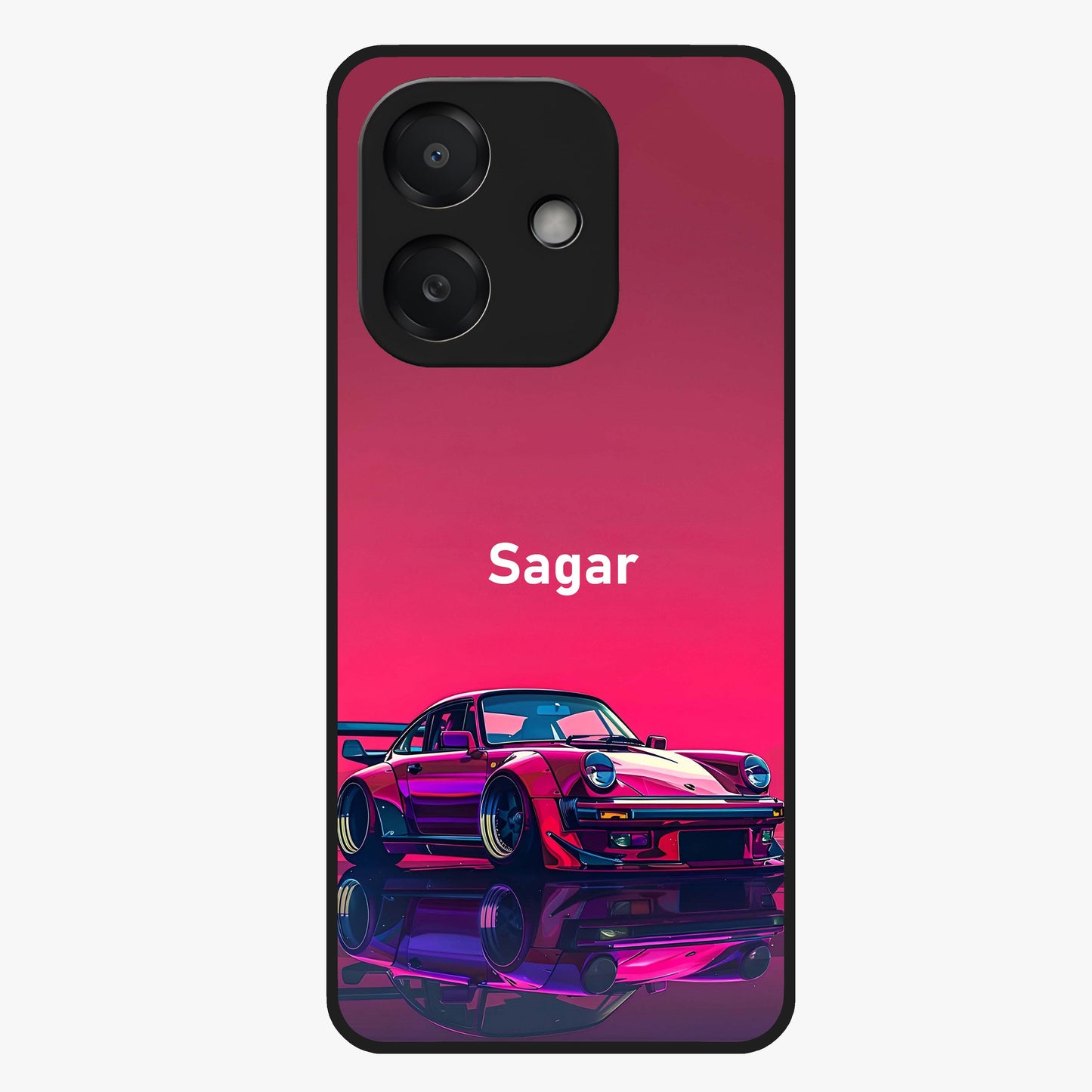 Neon Pink Porsche Glass Case showing flat back view with stylish sports car artwork and glossy glass finish.