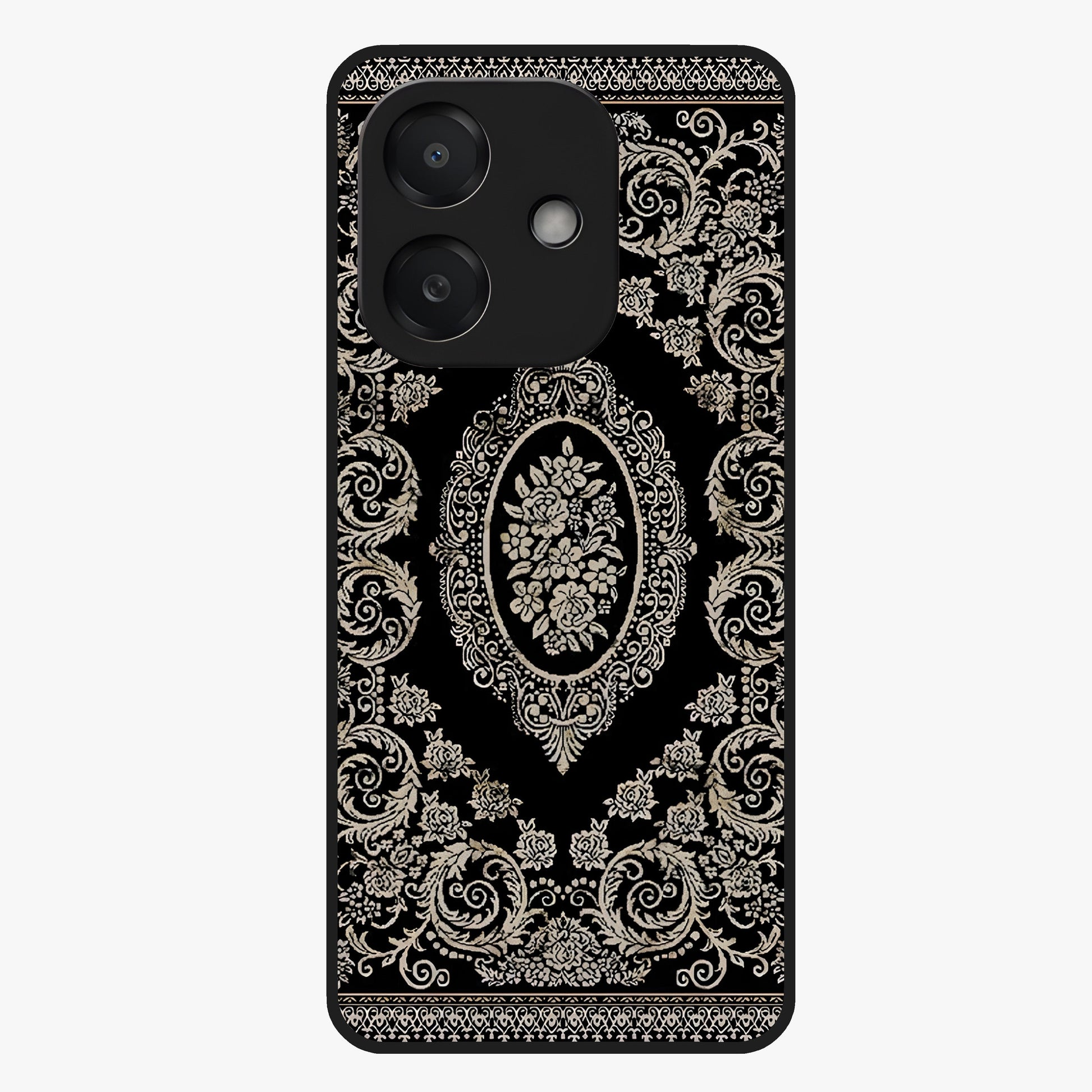 Noir Bloom Elegance Glass Case showing flat back view with elegant dark floral artwork and glossy glass finish.