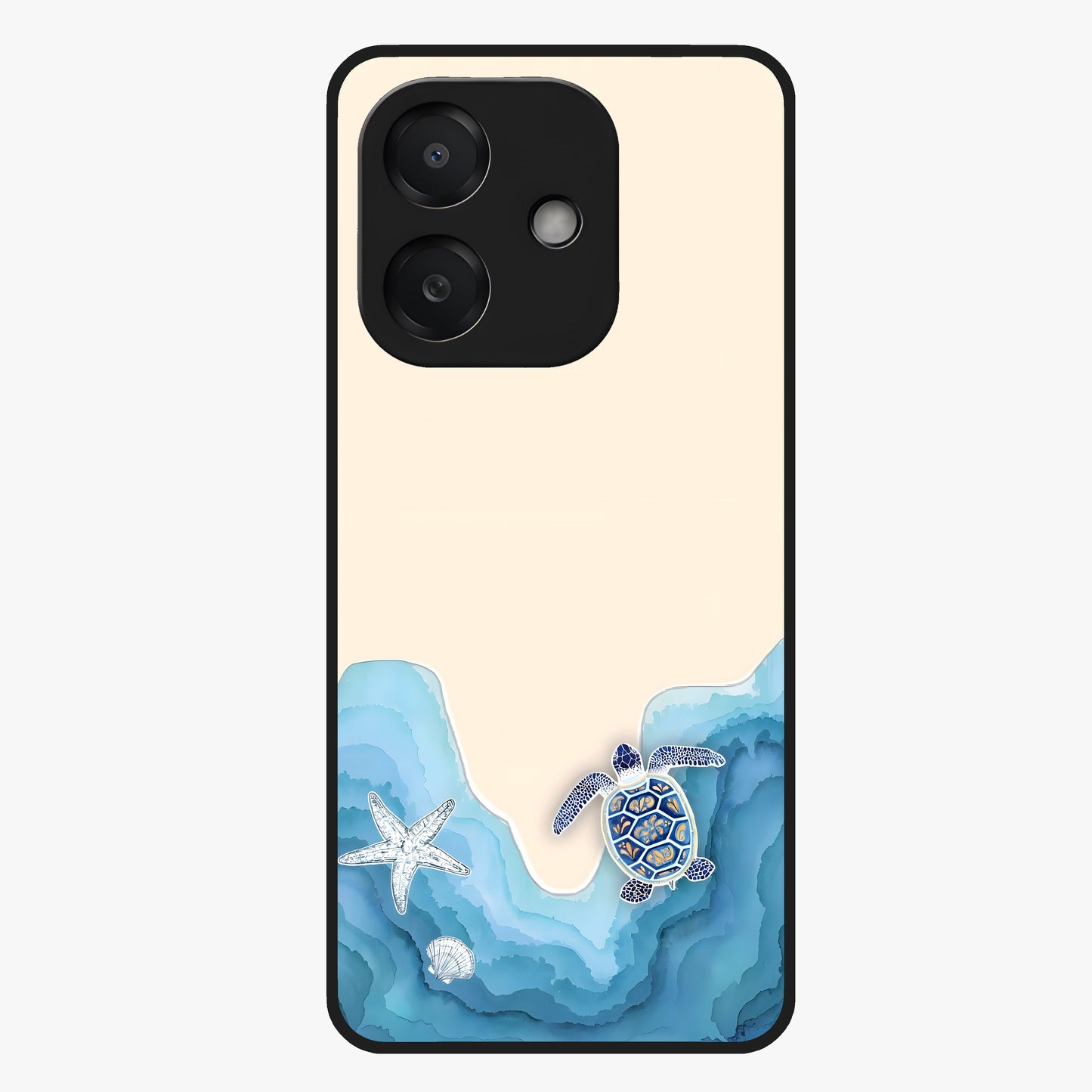Ocean Drift Turtle Glass Case showing flat back view with sea turtle artwork and glossy glass finish.