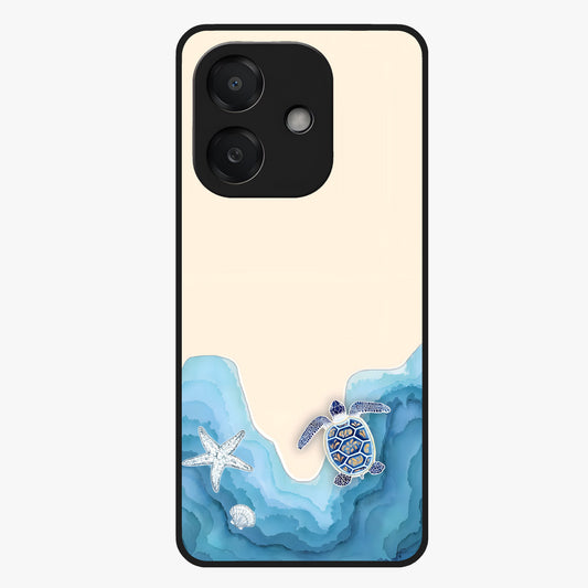 Ocean Drift Turtle Glass Case showing flat back view with sea turtle artwork and glossy glass finish.