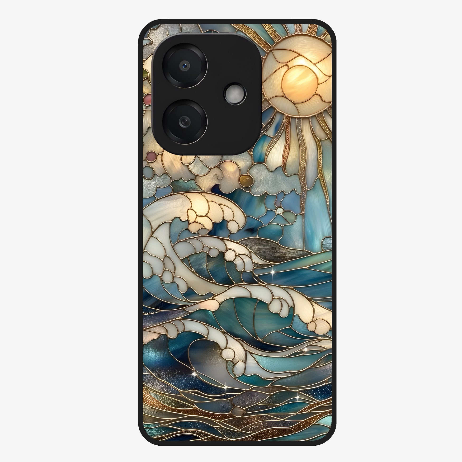 Oceanic Stained Printed Glass Case showing flat back view with ocean inspired stained pattern artwork and glossy glass finish.
