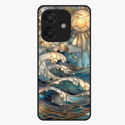 Oceanic Stained Printed Glass Case showing flat back view with ocean inspired stained pattern artwork and glossy glass finish.