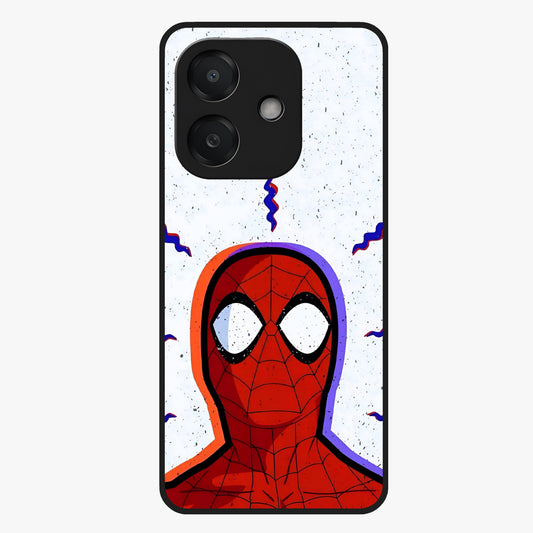 Omg Spiderman Glass Case showing flat back view with bold superhero inspired artwork and glossy glass finish.