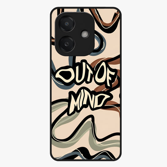 Out Of Mind Glass Case showing flat back view with expressive typography artwork and glossy glass finish.