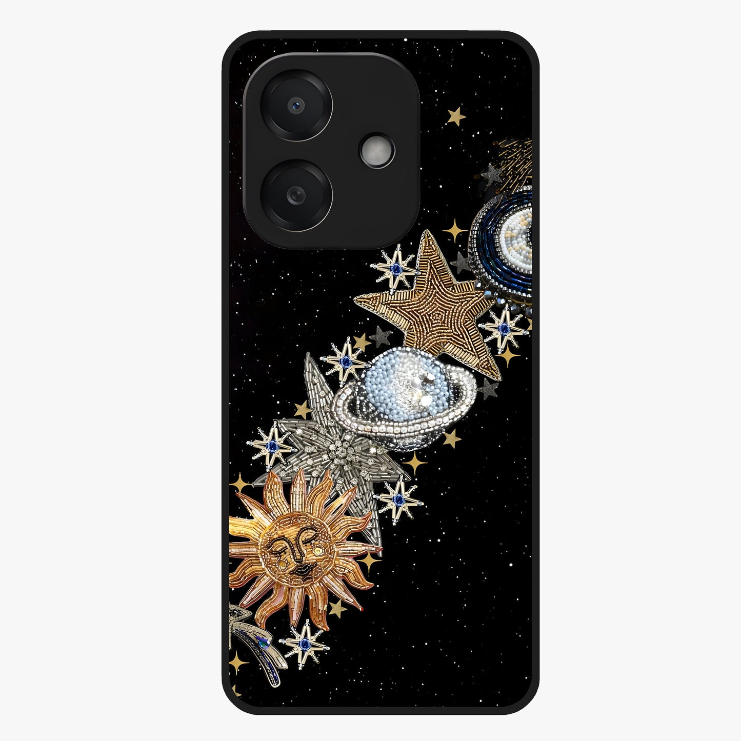 Pearls Universe Object Glass Case showing flat back view with pearl inspired cosmic artwork and glossy glass finish.