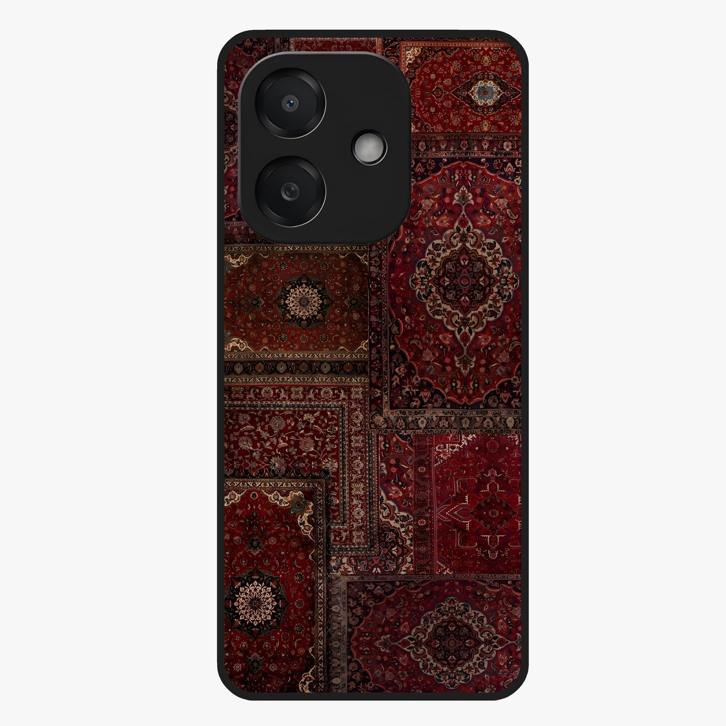 Persian Velvet Tale Glass Case showing flat back view with luxurious Persian velvet pattern artwork and glossy glass finish.