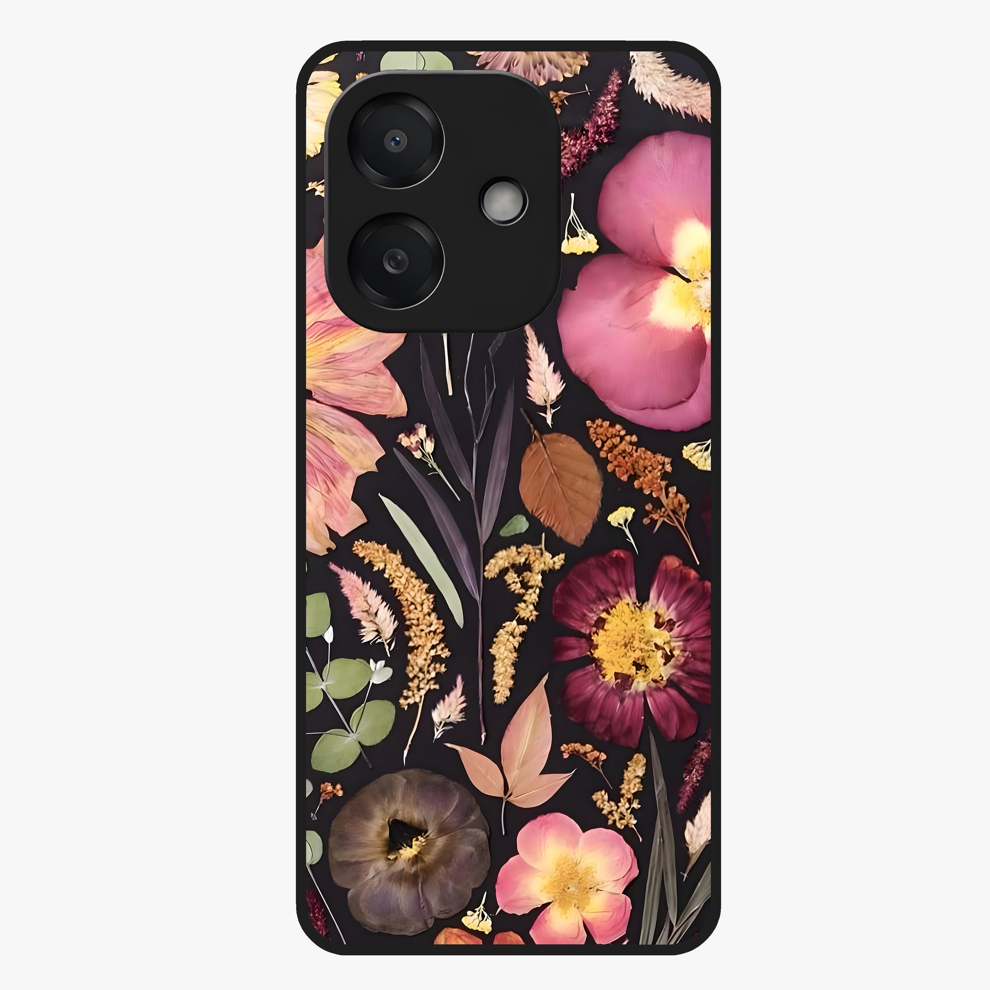 Petal Dream Tapestry Glass Case showing flat back view with intricate floral tapestry artwork and glossy glass finish.