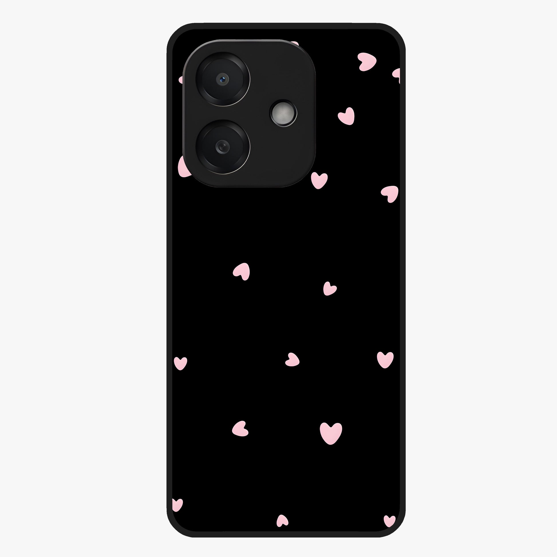Pink Love Drops Glass Case showing flat back view with playful pink heart drops artwork and glossy glass finish.