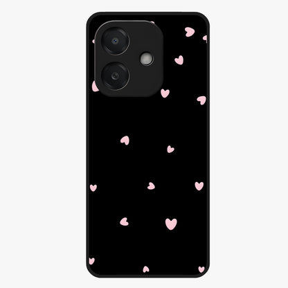 Pink Love Drops Glass Case showing flat back view with playful pink heart drops artwork and glossy glass finish.