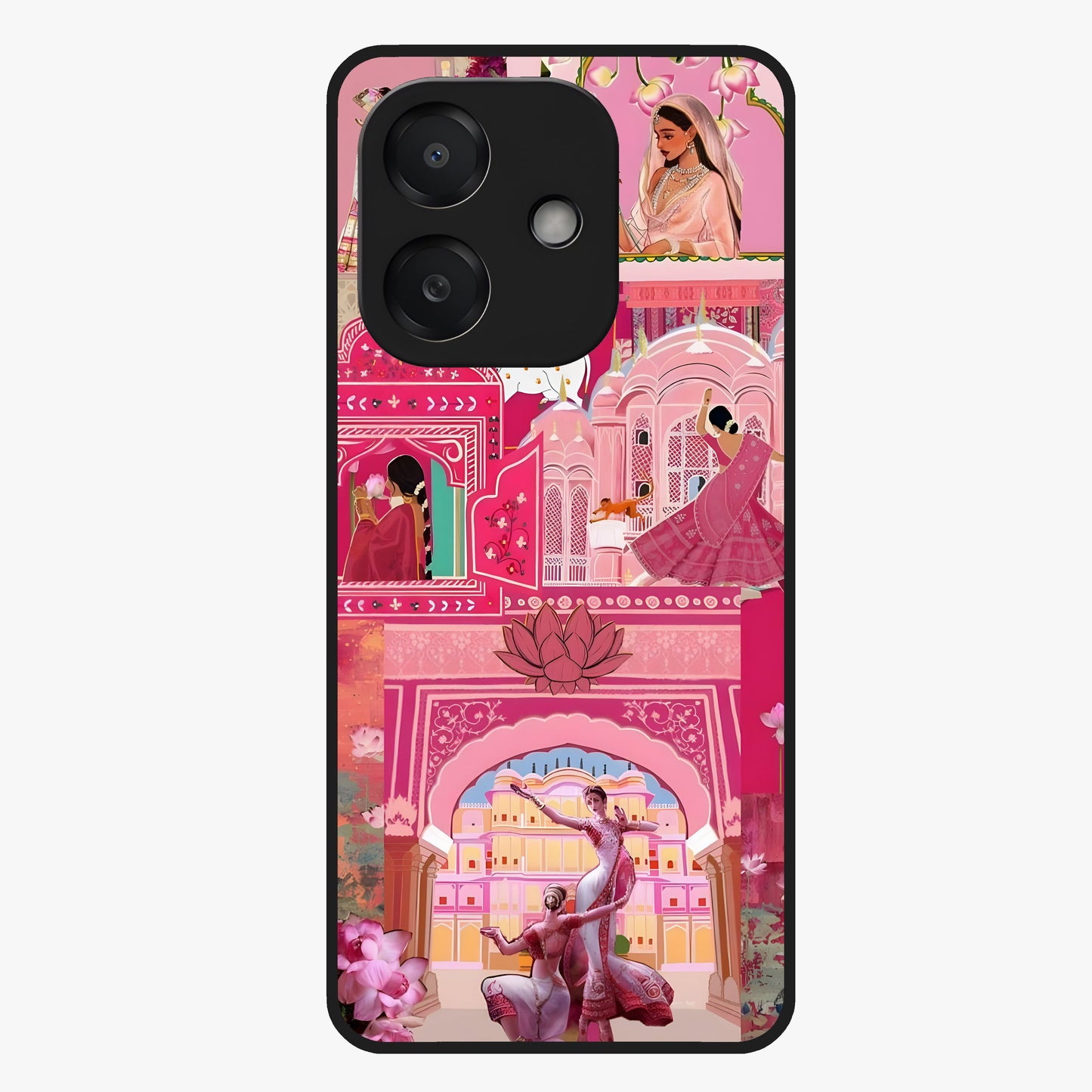 Pink Palace Muse Glass Case showing flat back view with elegant palace inspired artwork and glossy glass finish.