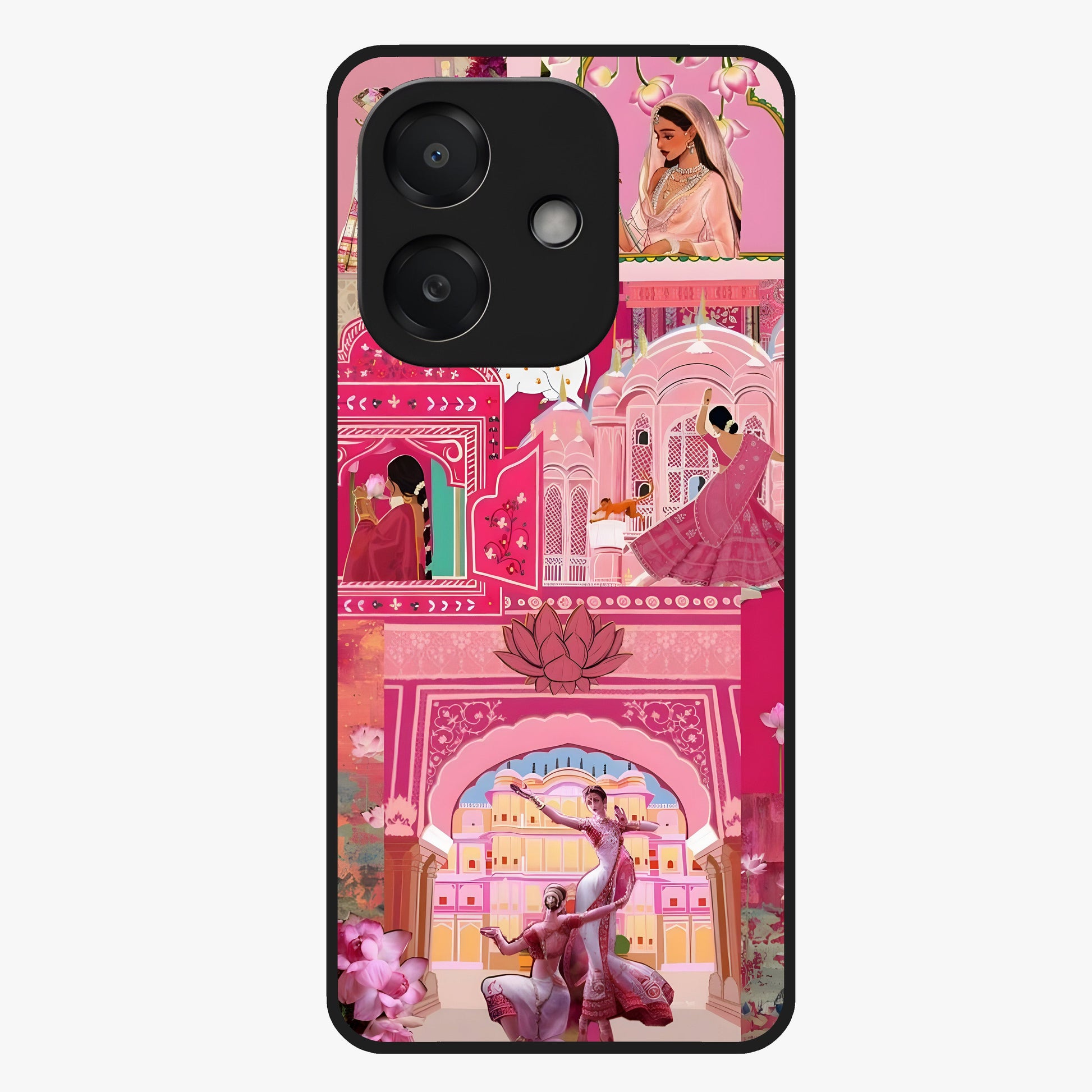 Pink Palace Muse Glass Case showing flat back view with elegant palace inspired artwork and glossy glass finish.