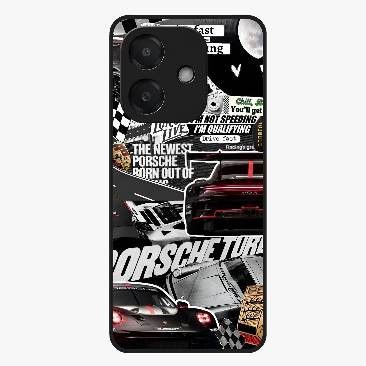 Porsche Racing Collage Glass Case showing flat back view with sports car racing collage artwork and glossy glass finish.