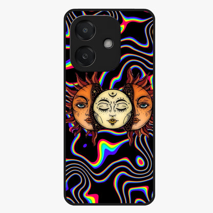 Psychedelic Sun Glass Case showing flat back view with colorful psychedelic sun artwork and glossy glass finish.