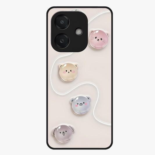 Puffy Face Parade Glass Case showing flat back view with cute puffy character faces artwork and glossy glass finish.