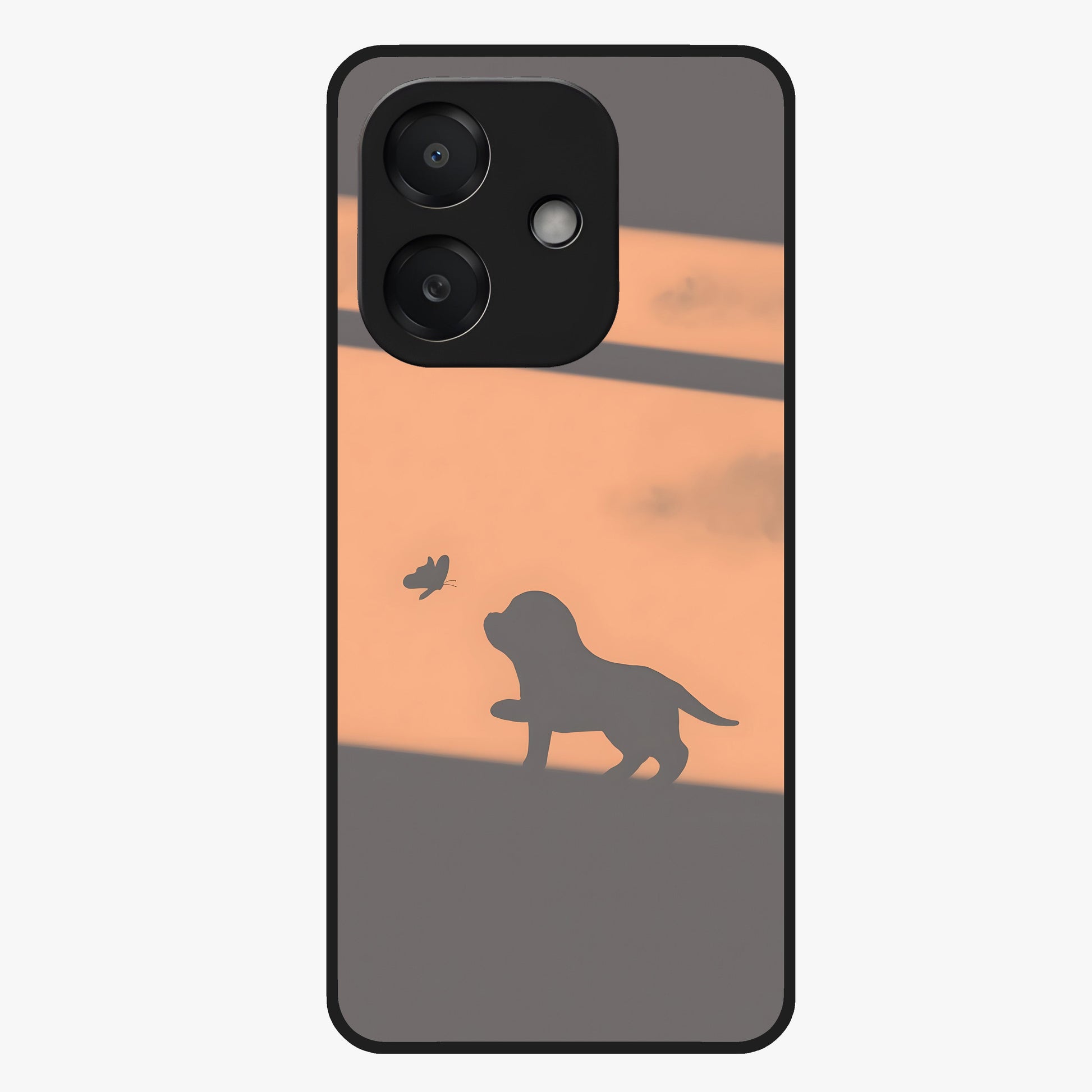 Puppy Shadow Art Glass Case showing flat back view with cute puppy shadow style artwork and glossy glass finish.