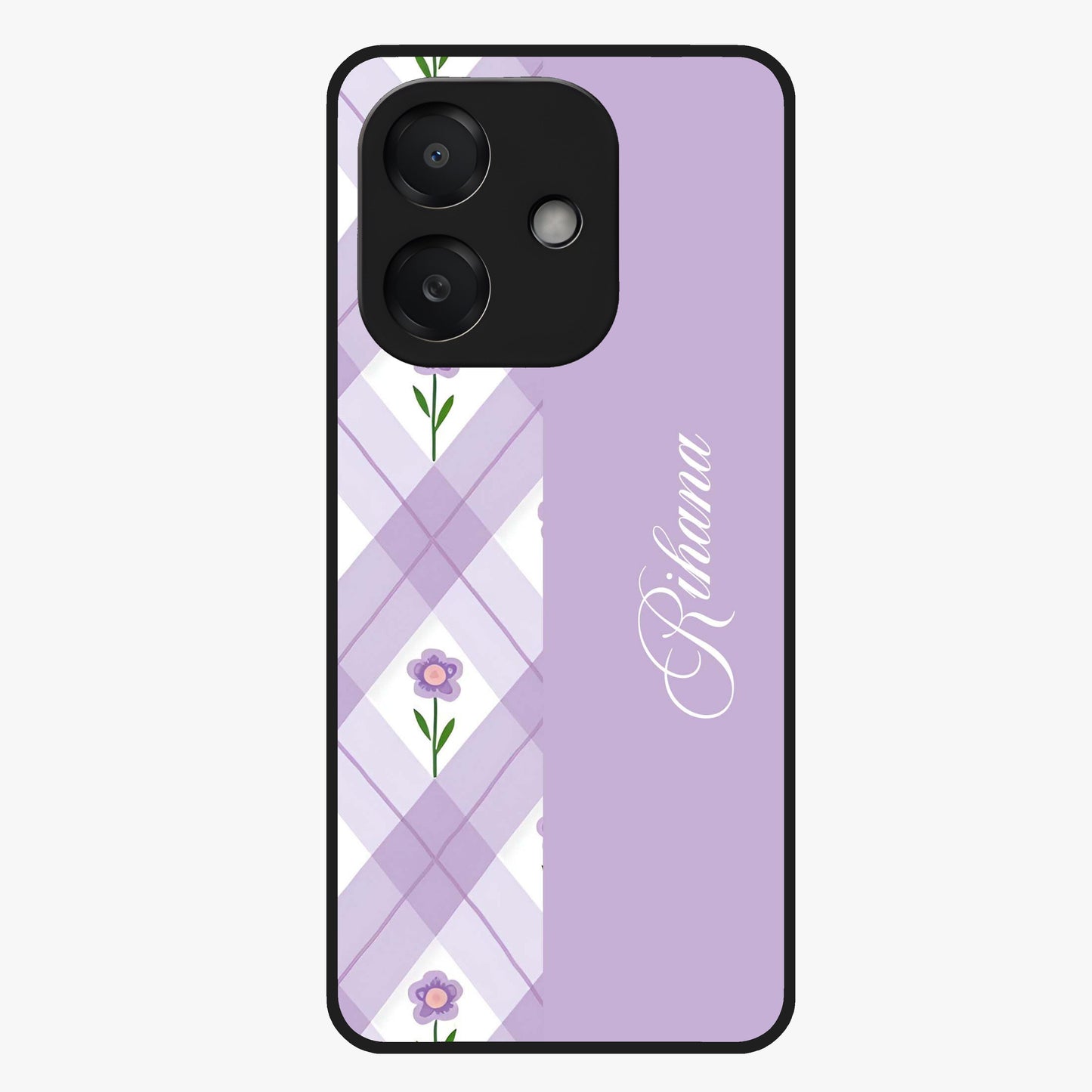 Purple Diamond Floral Glass Case showing flat back view with diamond shaped floral artwork and glossy glass finish.