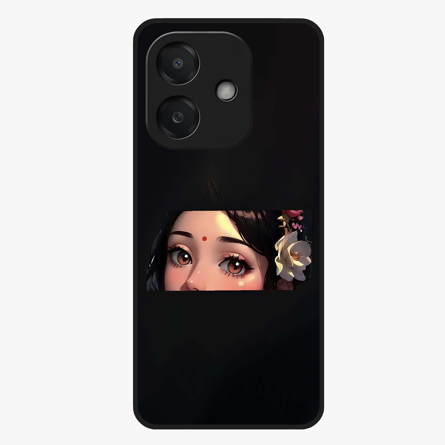 Radha Divine Embrace Glass Case showing flat back view with devotional Radha artwork and glossy glass finish.