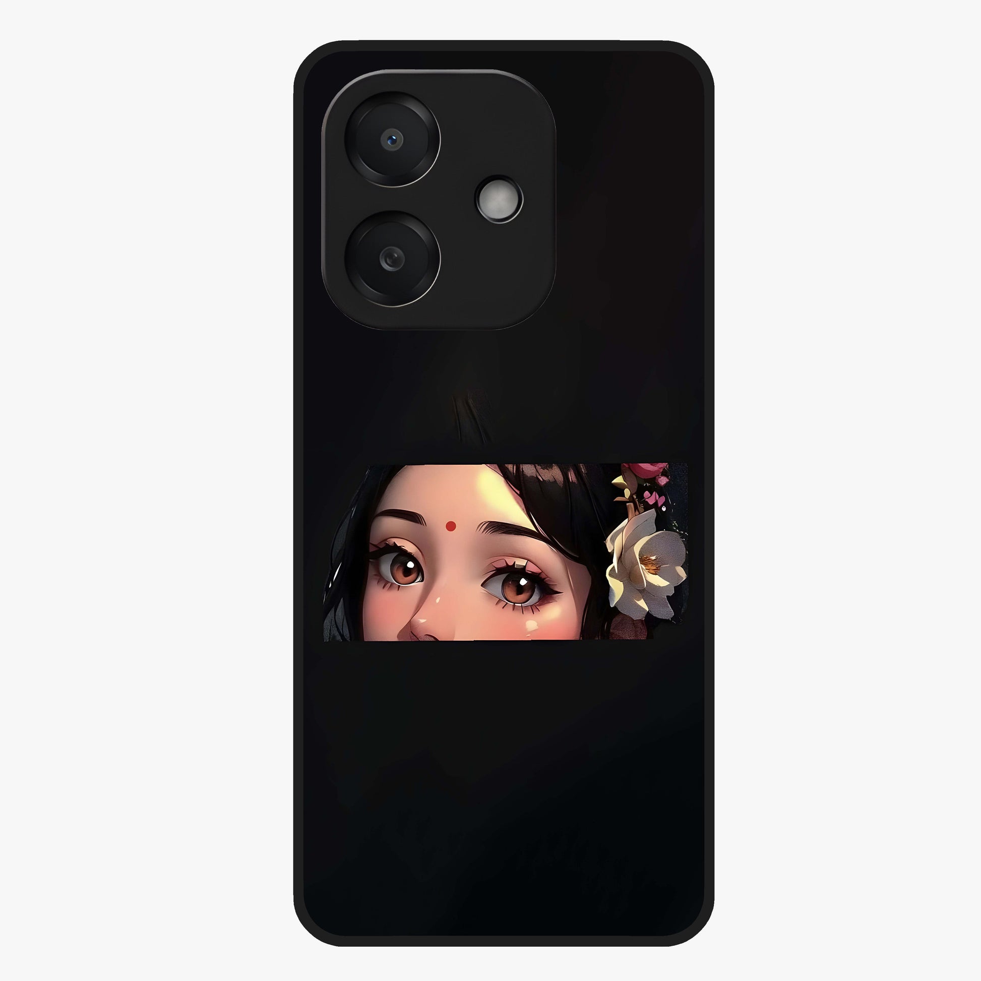 Radha Divine Embrace Glass Case showing flat back view with devotional Radha artwork and glossy glass finish.
