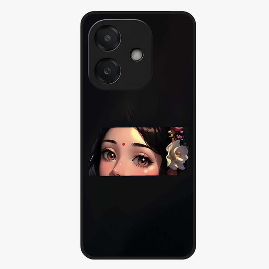 Radha Divine Embrace Glass Case showing flat back view with devotional Radha artwork and glossy glass finish.