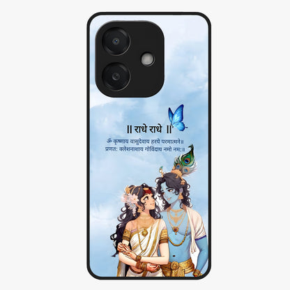 Radha Krishna Eternal Glass Case showing flat back view with Radha Krishna devotional artwork and glossy glass finish.