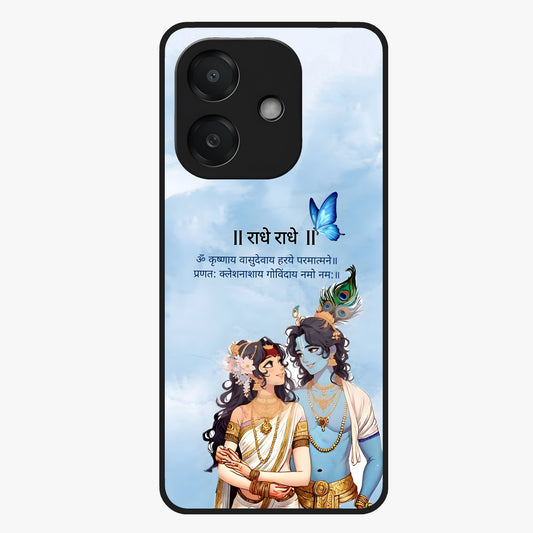Radha Krishna Eternal Glass Case showing flat back view with Radha Krishna devotional artwork and glossy glass finish.