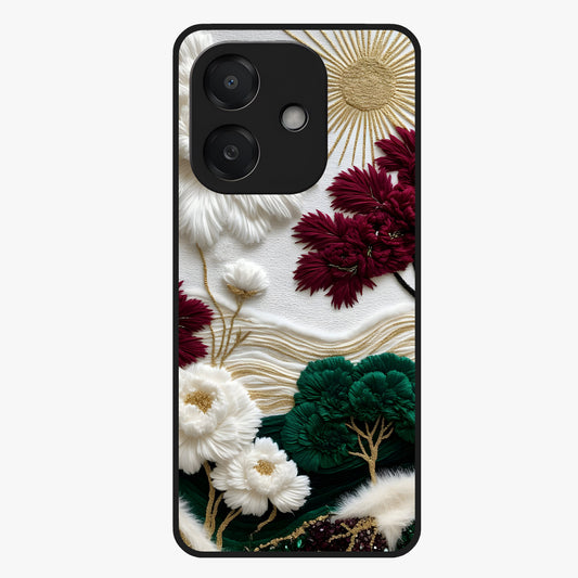 Radiant Bloom Elegance Glass Case showing flat back view with elegant blooming flower artwork and glossy glass finish.