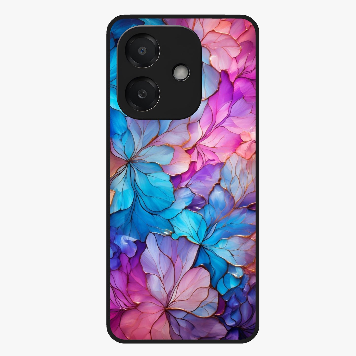 Radiant Floral Whirl Glass Case showing flat back view with swirling floral artwork and glossy glass finish.