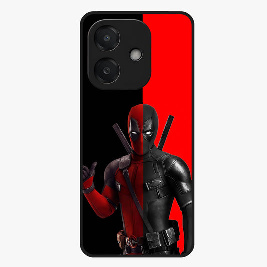 Red & Black Deadpool Theme Glass Case showing flat back view with bold comic inspired artwork and glossy glass finish.