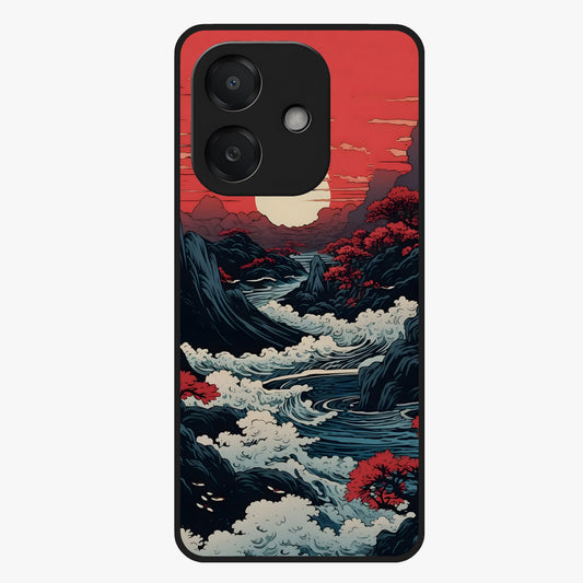 Red Sunset Scenery Glass Case showing flat back view with vibrant sunset landscape artwork and glossy glass finish.