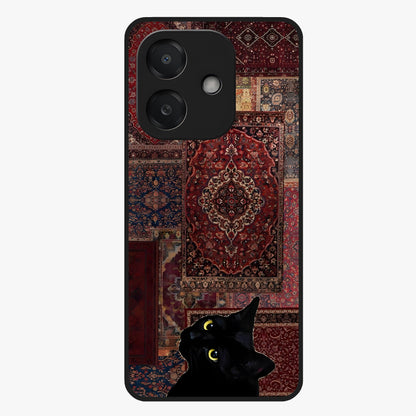 Regal Magic Cat Apple Glass Case showing flat back view with magical cat artwork holding apple and glossy glass finish.
