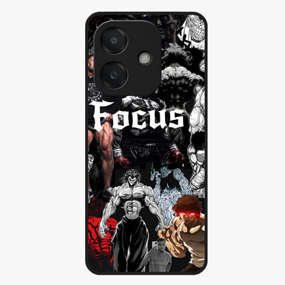 Relentless Power Focus Glass Case showing flat back view with motivational typography artwork and glossy glass finish.