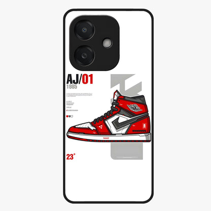 Retro Sneaker Blueprint Glass Case showing flat back view with sneaker blueprint style artwork and glossy glass finish.